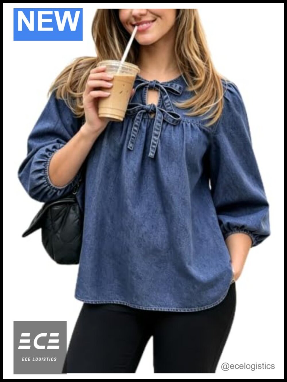 3/4 Puff Sleeve Denim Blouse Tie Neck Babydoll Top